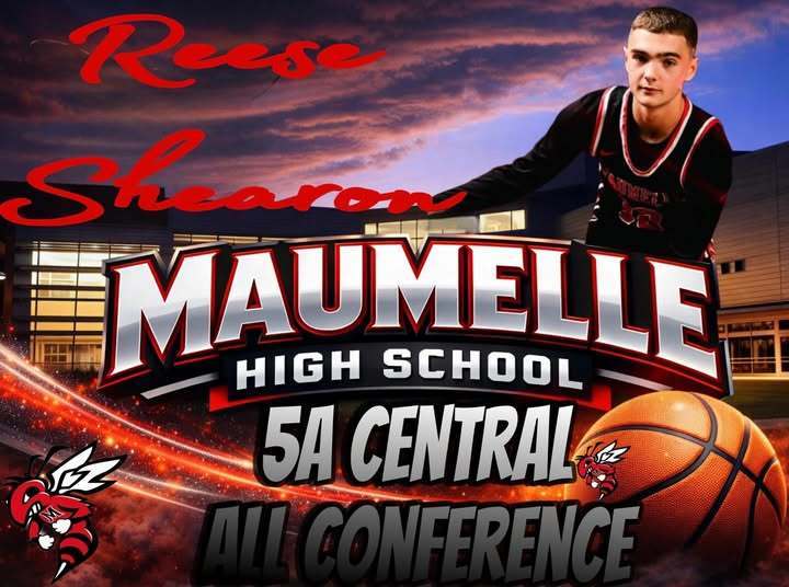 A Maumelle High School basketball graphic featuring senior Reese Shearon in uniform. Text highlights his recognition as a 5A Central All Conference player. The background shows the school building with dramatic lighting, along with a basketball and the Hornet mascot.