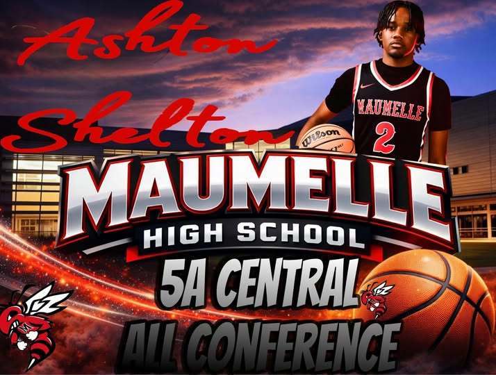 A Maumelle High School basketball graphic featuring junior Ashton Shelton in a black Maumelle jersey. Text highlights his 5A Central All Conference honor. The design includes the school building, basketballs, and the Hornet mascot.