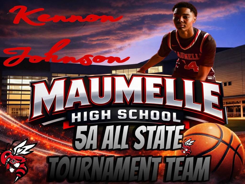 A Maumelle High School basketball graphic featuring junior Kennon Johnson in uniform. Text recognizes him as part of the 5A All State Tournament Team. The background shows the school building at dusk with a basketball and Hornet mascot.