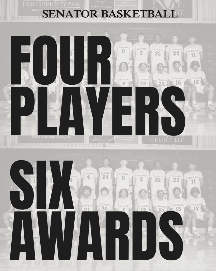 Team recognition graphic for Robinson Senator Basketball. The design features a team photo of players in Robinson jerseys arranged in two rows. Large text reads “Four Players” and “Six Awards,” celebrating the collective postseason honors earned by the team.