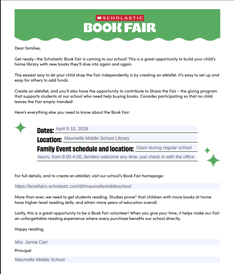 principal's letter about book fair
