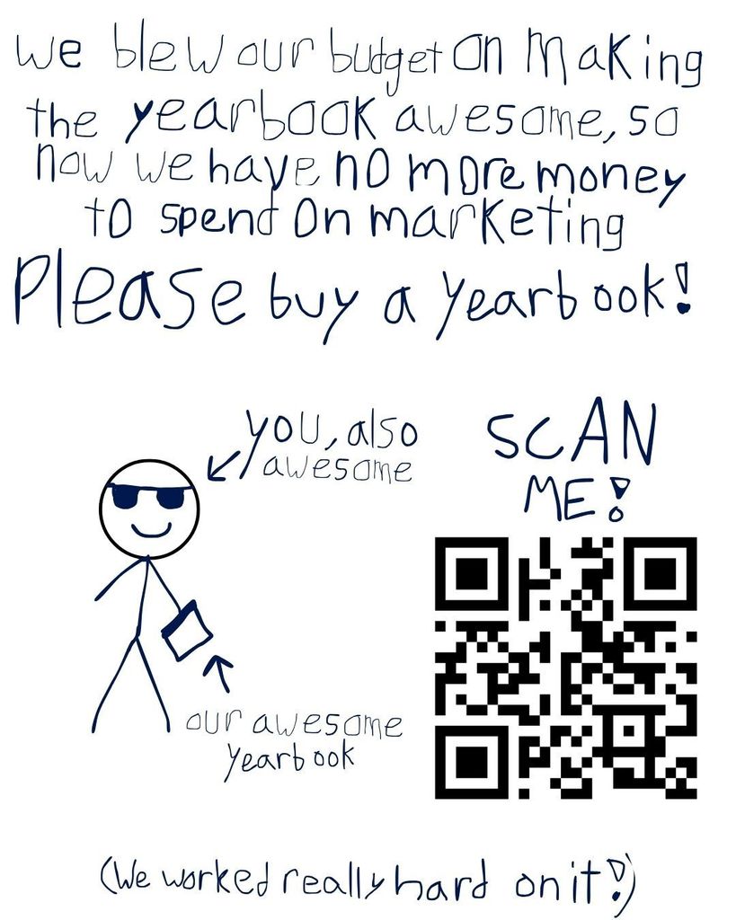 Humorous simplistic hand written marketing flyer with a stick man figure person holding a yearbook. 