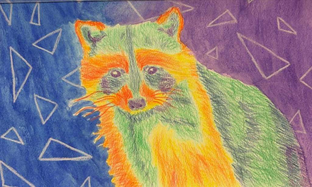A brightly colored fauvist‑style drawing of a raccoon, illustrated with vivid oranges, greens, purples, and blues against a geometric background.