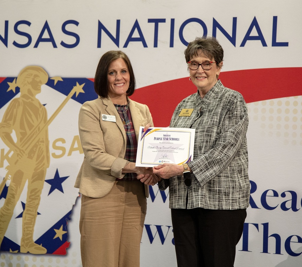 Two individuals stand in front of a backdrop during a Purple Star recognition event, with one person presenting a certificate to the other.