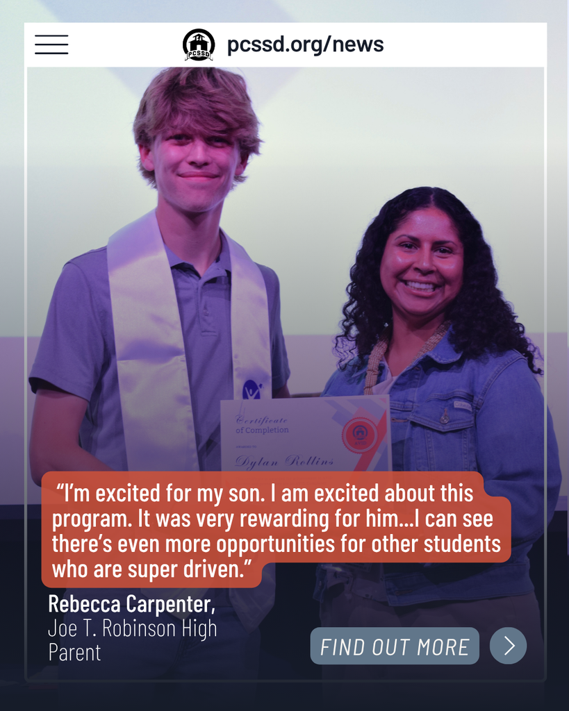 A teacher and student stand together, smiling, as the student holds a Certificate of Completion with the name “Dylan Rollins.” The student wears a light blue shirt and white stole, and the teacher wears a denim jacket. A quote from the parent appears beside them on a light gradient background with the PCSSD news header at the top.