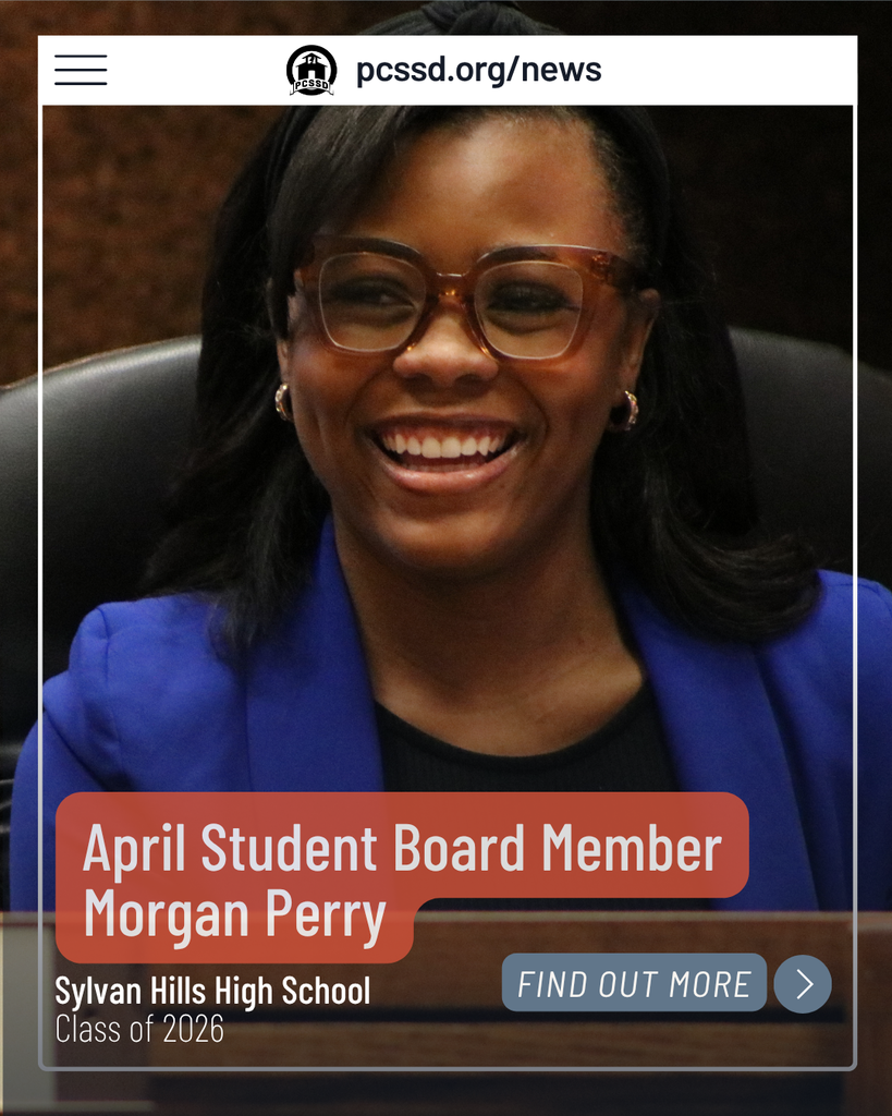 A Sylvan Hills High School student, Morgan Perry, sits at a boardroom table wearing glasses and a blue blazer, smiling toward the camera. Text on the image reads “April Student Board Member Morgan Perry,” “Sylvan Hills High School,” “Class of 2026,” and includes a button labeled “Find Out More.”