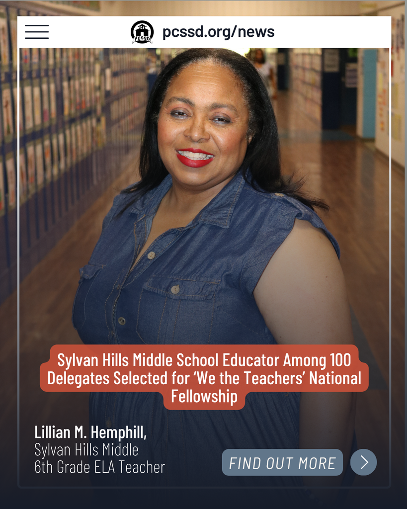 A Sylvan Hills Middle School educator stands in a hallway lined with student artwork and lockers. She is smiling at the camera and wearing a denim shirt. Text on the image announces that she has been selected as one of 100 delegates for the “We the Teachers” national fellowship, identifying her as Lillian M. Hemphill, a 6th grade ELA teacher.