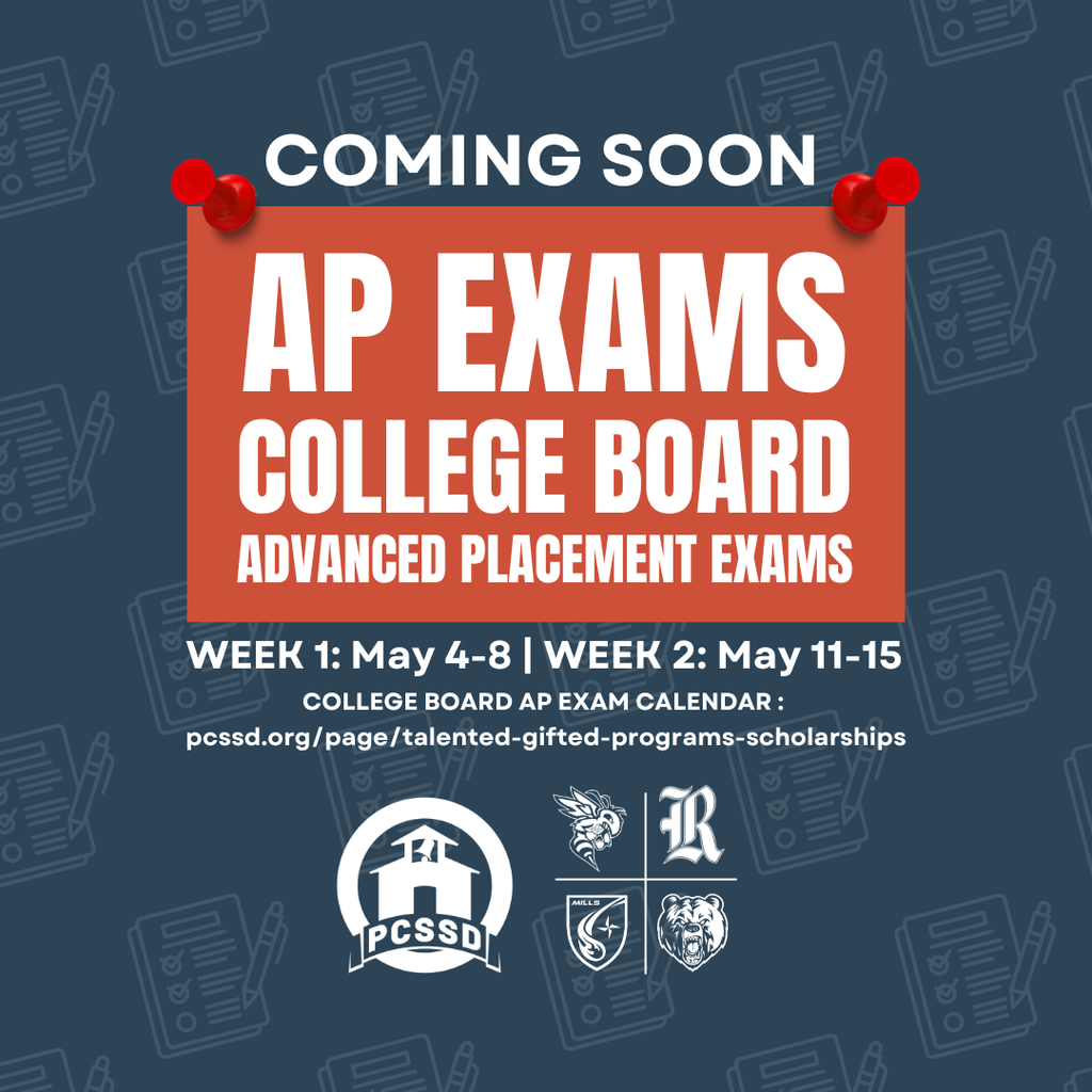 Graphic announcing upcoming AP Exams. The center panel reads ‘Coming Soon – AP Exams – Advanced Placement Exams.’ Below it are the testing dates: Week 1, May 4–8, and Week 2, May 11–15. A link to the AP Exam Calendar is included. The background features paper and pencil icons, and district logos appear along the bottom.