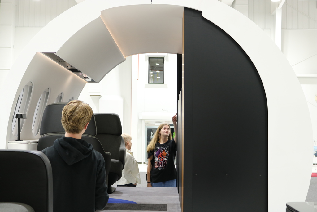 A section of a Falcon Jet cabin from a showroom floor.