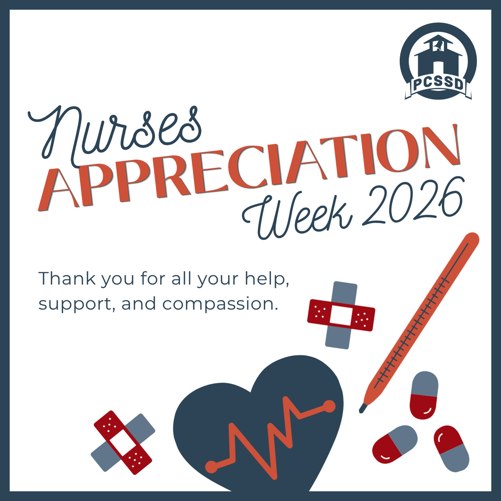 A colorful Nurses Appreciation Week 2026 graphic with medical‑themed illustrations including bandages, pills, a thermometer, and a heart with an EKG line. Large text reads “Nurses Appreciation Week 2026,” and a message below says, “Thank you for all your help, support, and compassion.” The PCSSD logo appears in the top right corner.