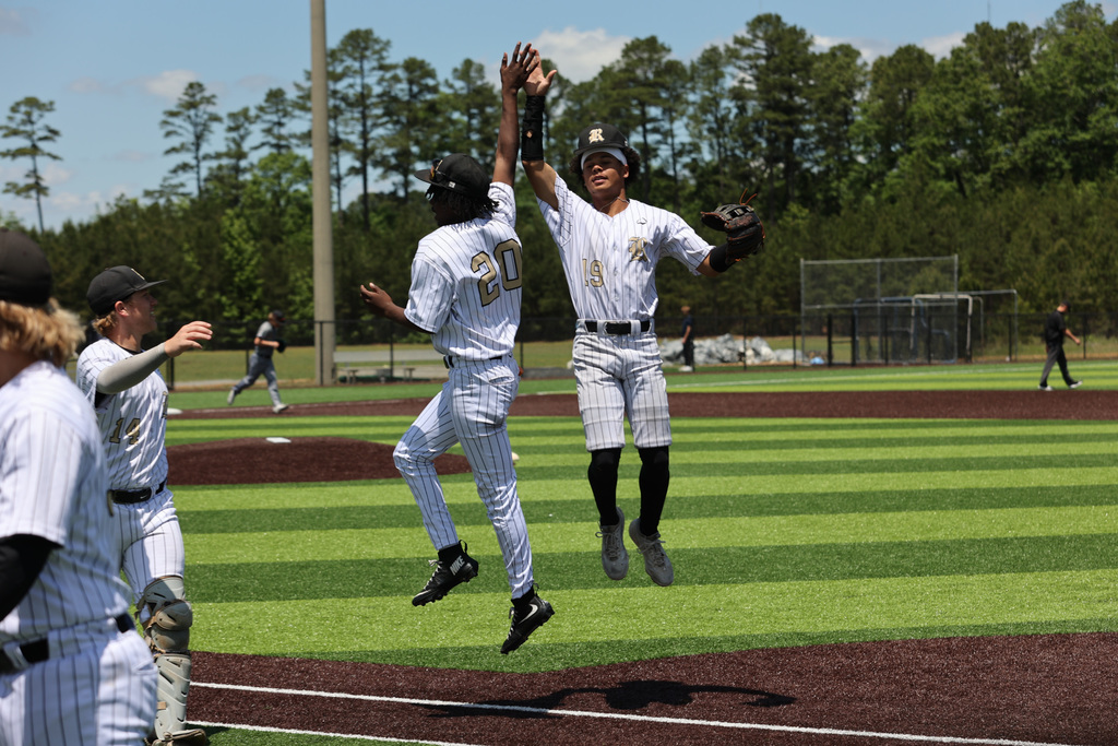 Players celebrating between an inning 