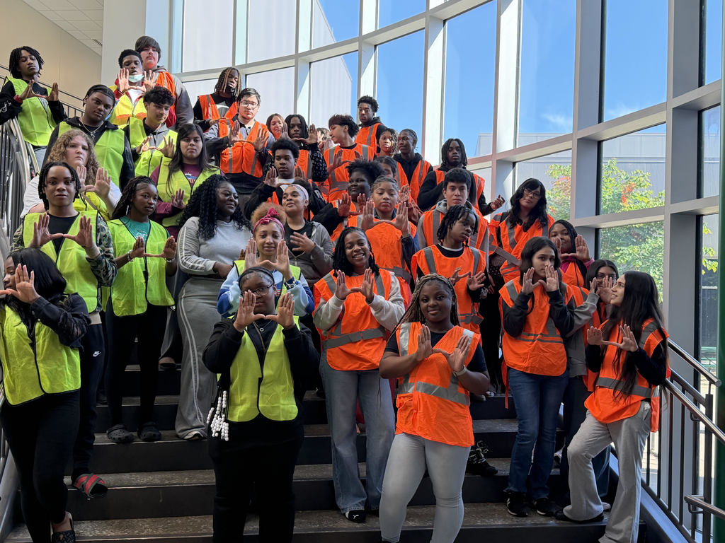 Large group of students on stairs wearing safety vests