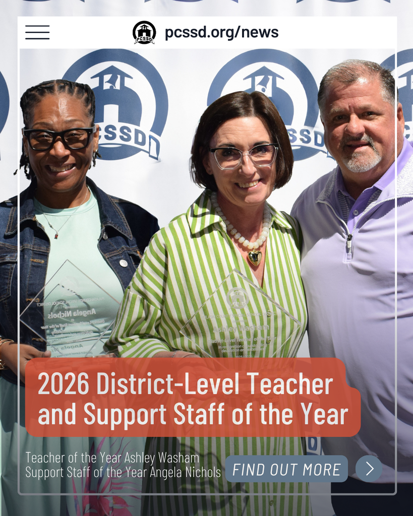 Three people stand in front of a PCSSD backdrop. The two individuals on the left hold clear, diamond‑shaped awards recognizing the district‑level Teacher of the Year and Support Staff of the Year. Text on the image reads: “2026 District‑Level Teacher and Support Staff of the Year — Teacher of the Year Ashley Washam; Support Staff of the Year Angela Nichols — Find Out More.”