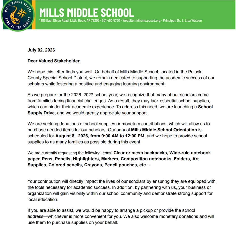 Dear Valued Stakeholder letter (request for school supply donations)