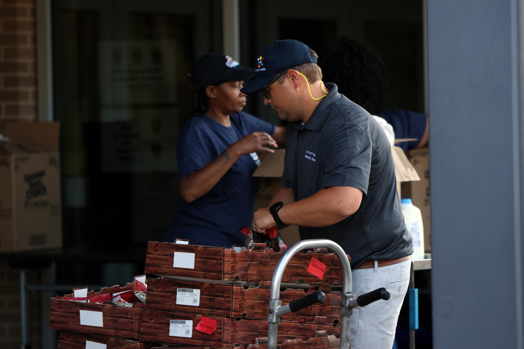 A man in a gray shirt looks at boxes of fruit before pushing the cart of fruit to a car.