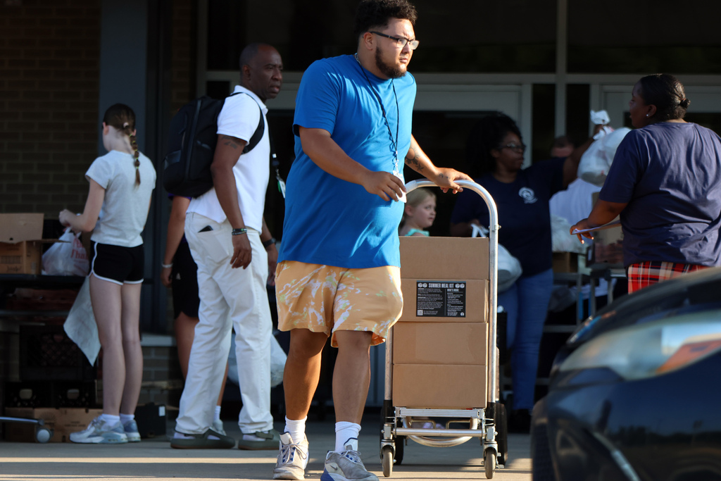 A person pulls a cart filled with four meal boxes.