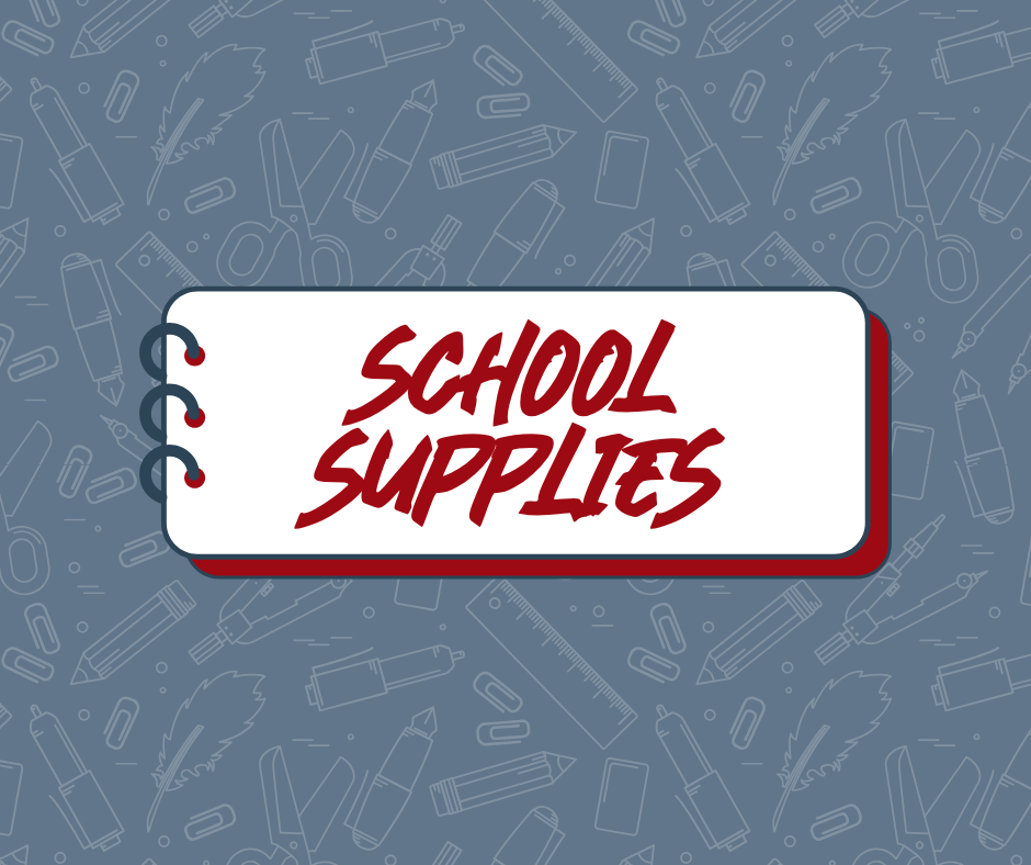 A square image that says school supplies written on a cartoon notebook with school paraphernalia in the background