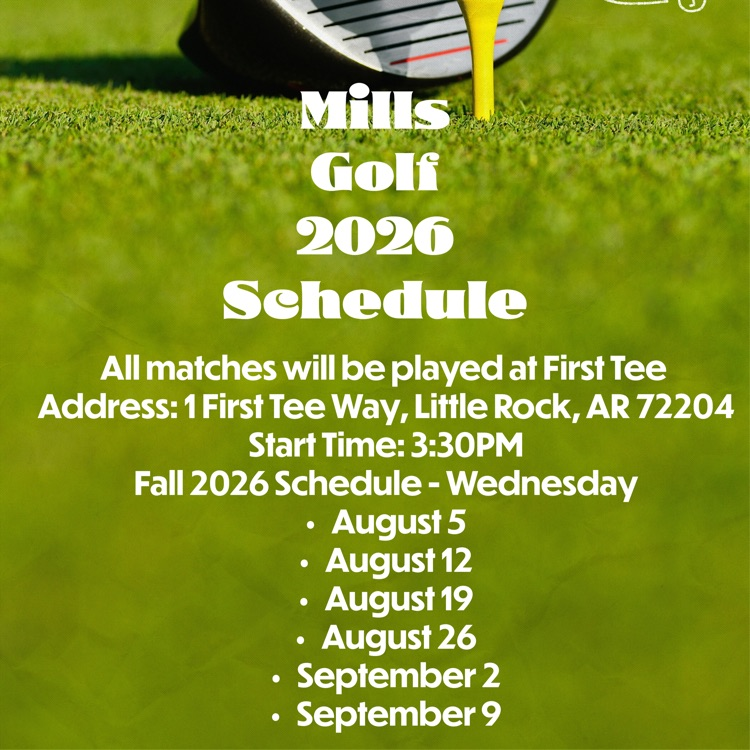 image of a Mills Golf 2026 schedule. A close-up photo shows a golf club behind a white golf ball resting on a bright yellow tee on a green fairway