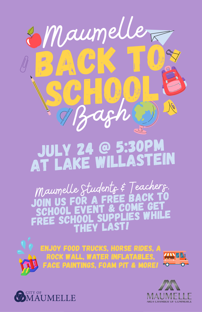 Back to school bash on July 24 from 5:30 pm to 8 pm at Lake Willastein Park