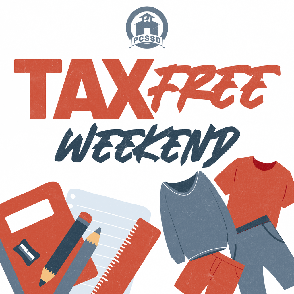 Multiple cartoon school supplies with tax free weekend written above and the PCSSD logo