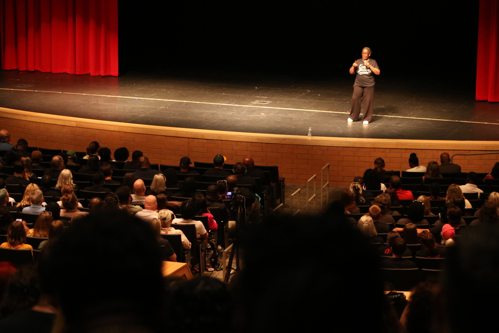A person stands on a stage in front of a full auditorium, speaking to staff seated in rows.