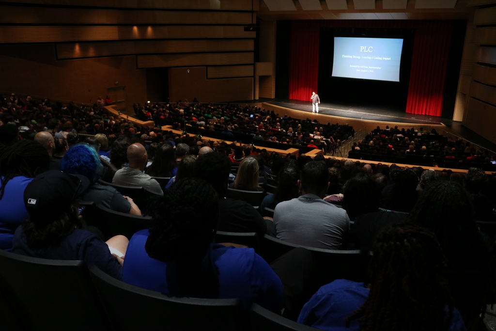 A person stands on a stage in front of a full auditorium, speaking to staff seated in rows.