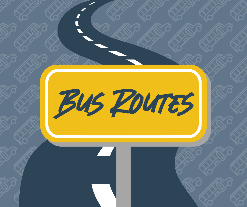 "BUS ROUTES" on a clip art sign on a clip art road