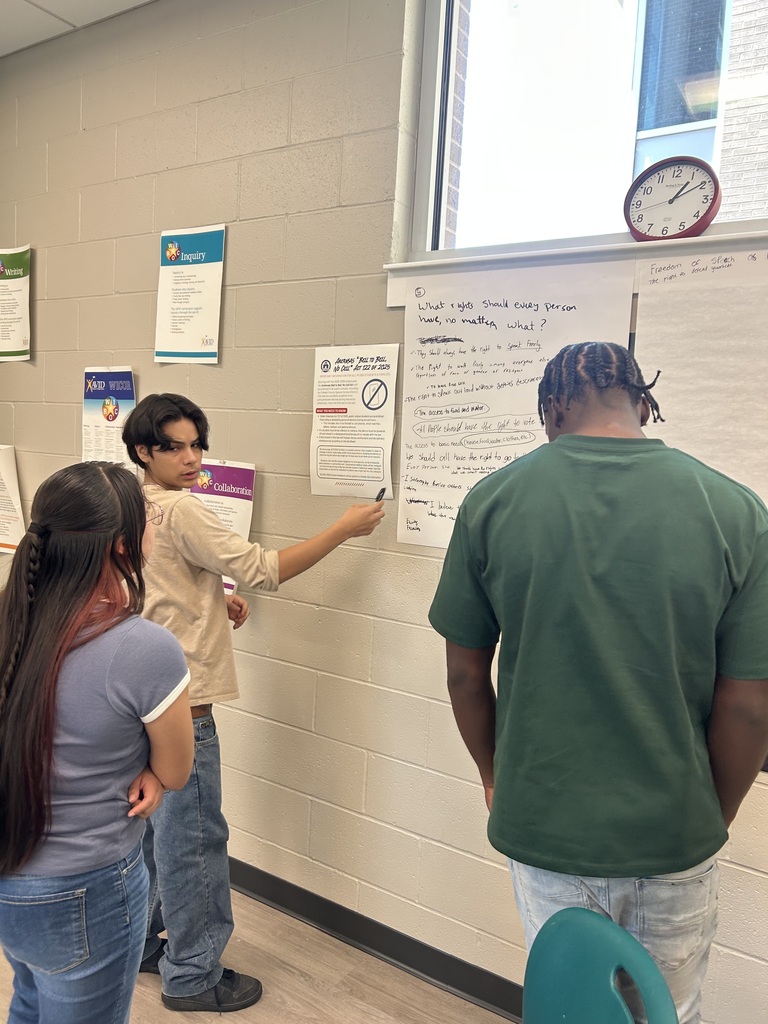 Students discussing what they should write on chart paper