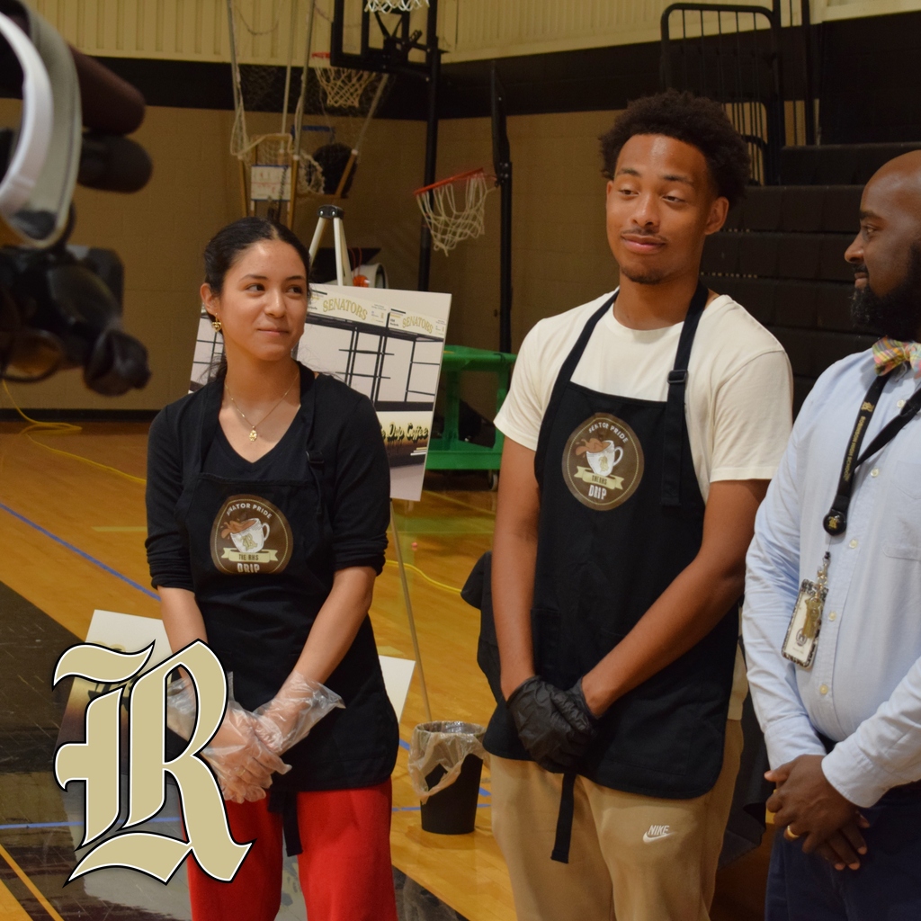 student baristas and their teacher being interviewed