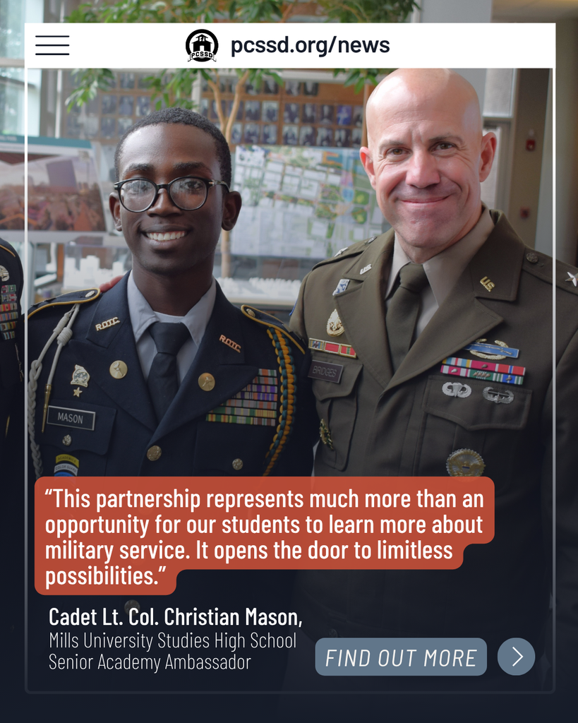 Graphic featuring Mills University Studies High School senior Cadet Lt. Col. Christian Mason standing with Arkansas National Guard Brig. Gen. Chad Bridges. A quote from Mason reads, “This partnership represents much more than an opportunity for our students to learn more about military service. It opens the door to limitless possibilities.”