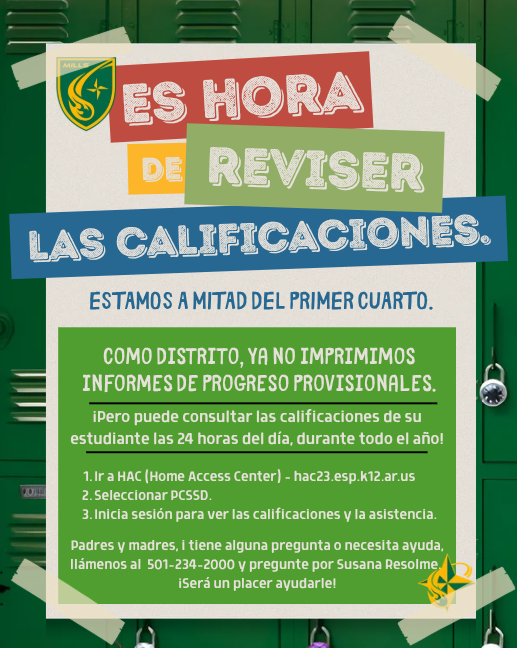 Spanish flyer for letting parents know how to log in to check grades in HAC