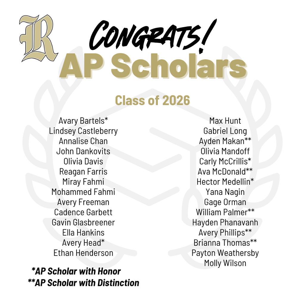 Graphic titled "CONGRATS! AP Scholars - Class of 2026" featuring the Joe T. Robinson High School logo. Listed AP Scholars: Lindsey Castleberry, Annalise Chan, John Dankovits, Olivia Davis, Reagan Farris, Miray Fahmi, Mohammed Fahmi, Avery Freeman, Cadence Garbett, Gavin Glasbreener, Ella Hankins, Ethan Henderson, Max Hunt, Gabriel Long, Olivia Mandoff, Yana Nagin, Gage Orman, Hayden Phanavanh, Payton Weathersby, and Molly Wilson. Listed AP Scholars with Honor (*): Avary Bartels, Carly McCrillis, Hector Medellin, and Avery Head. Listed AP Scholars with Distinction (**): Ayden Makan, Ava McDonald, William Palmer, Avery Phillips, and Brianna Thomas.