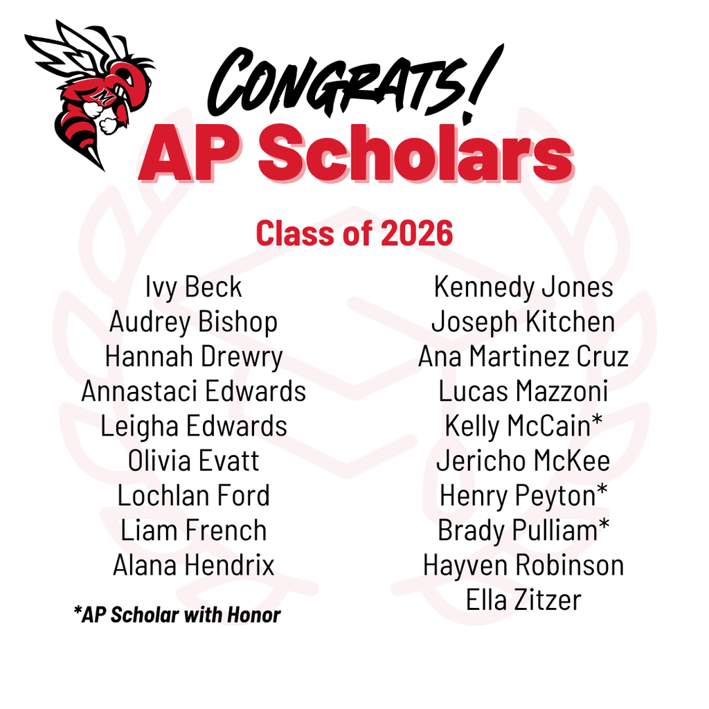 Graphic titled "CONGRATS! AP Scholars - Class of 2026" featuring the Maumelle High School logo. Listed AP Scholars: Ivy Beck, Audrey Bishop, Hannah Drewry, Annastaci Edwards, Leigha Edwards, Olivia Evatt, Lochlan Ford, Liam French, Alana Hendrix, Kennedy Jones, Joseph Kitchen, Ana Martinez Cruz, Lucas Mazzoni, Jericho McKee, Hayven Robinson, and Ella Zitzer. Listed AP Scholars with Honor (*): Kelly McCain, Henry Peyton, and Brady Pulliam.