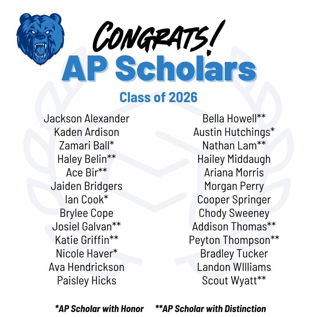 Graphic titled "CONGRATS! AP Scholars - Class of 2026" featuring the Sylvan Hills High School logo. Listed AP Scholars: Jackson Alexander, Kaden Ardison, Jaiden Bridgers, Brylee Cope, Paisley Hicks, Ava Hendrickson, Hailey Middaugh, Ariana Morris, Morgan Perry, Cooper Springer, Chody Sweeney, Bradley Tucker, and Landon Williams. Listed AP Scholars with Honor (*): Zamari Ball, Ian Cook, Nicole Haver, and Austin Hutchings. Listed AP Scholars with Distinction (**): Haley Belin, Ace Bir, Josiel Galvan, Katie Griffin, Bella Howell, Nathan Lam, Addison Thomas, Peyton Thompson, and Scout Wyatt.