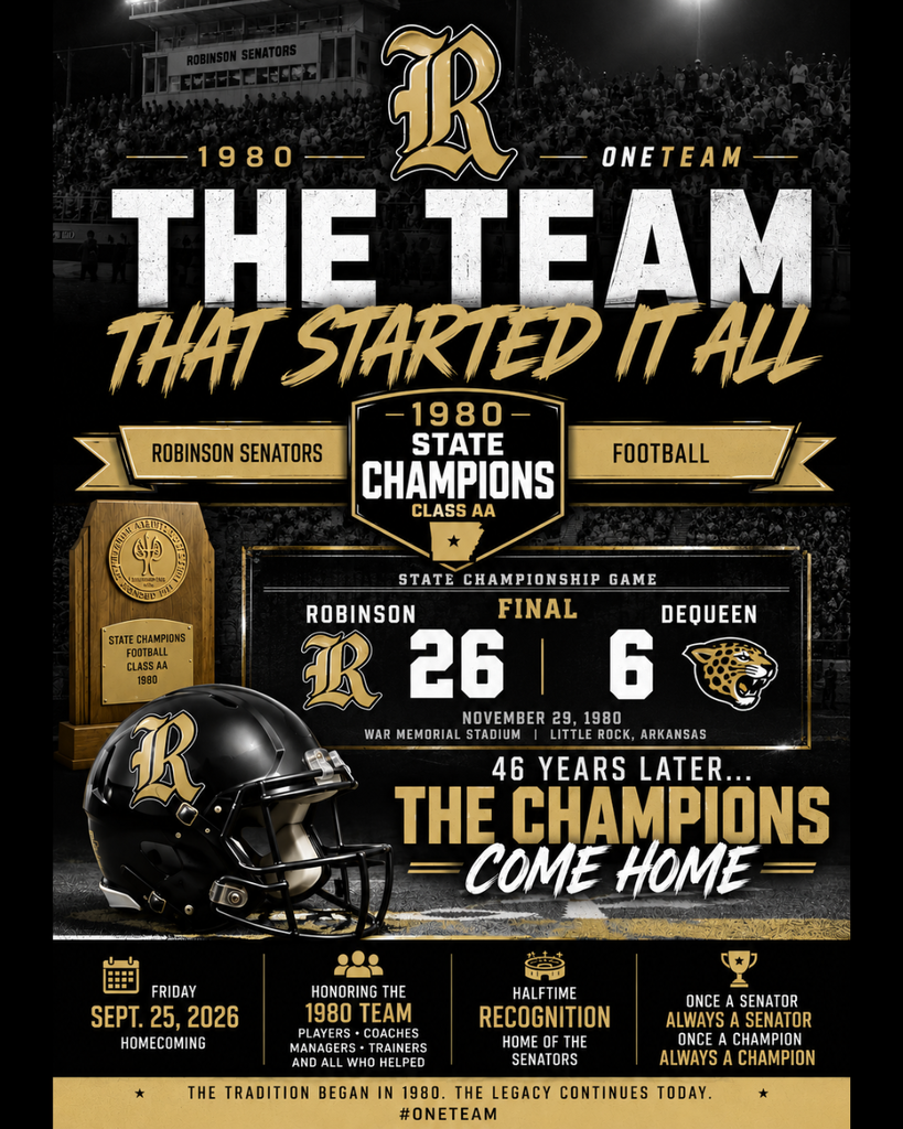 Promotional poster for the Robinson Senators Football 1980 State Champions Recognition event at the Joe T. Robinson Homecoming Game vs the Jacksonville Titans on Friday, September 25, 2026.