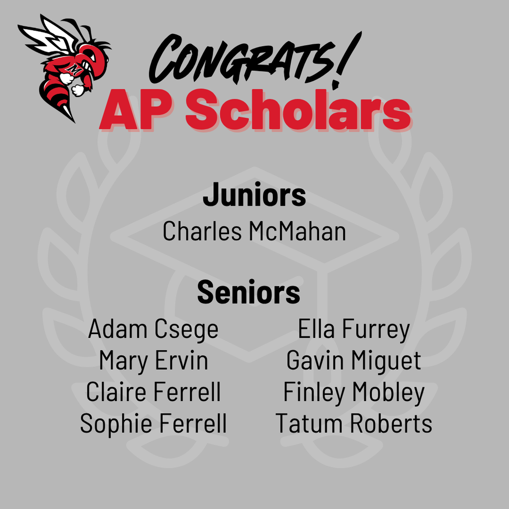 A red‑and‑white hornet mascot appears in the top left above the heading “Congrats! AP Scholars.” The graphic lists junior Charles McMahan and seniors Adam Csege, Mary Ervin, Claire Ferrell, Sophie Ferrell, Ella Furrey, Gavin Miguet, Finley Mobley, and Tatum Roberts.
