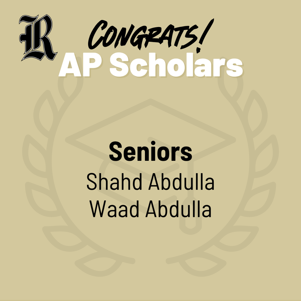 A beige graphic with a black stylized “R” in the top left and the heading “Congrats! AP Scholars.” It lists seniors Shahd Abdulla and Waad Abdulla.