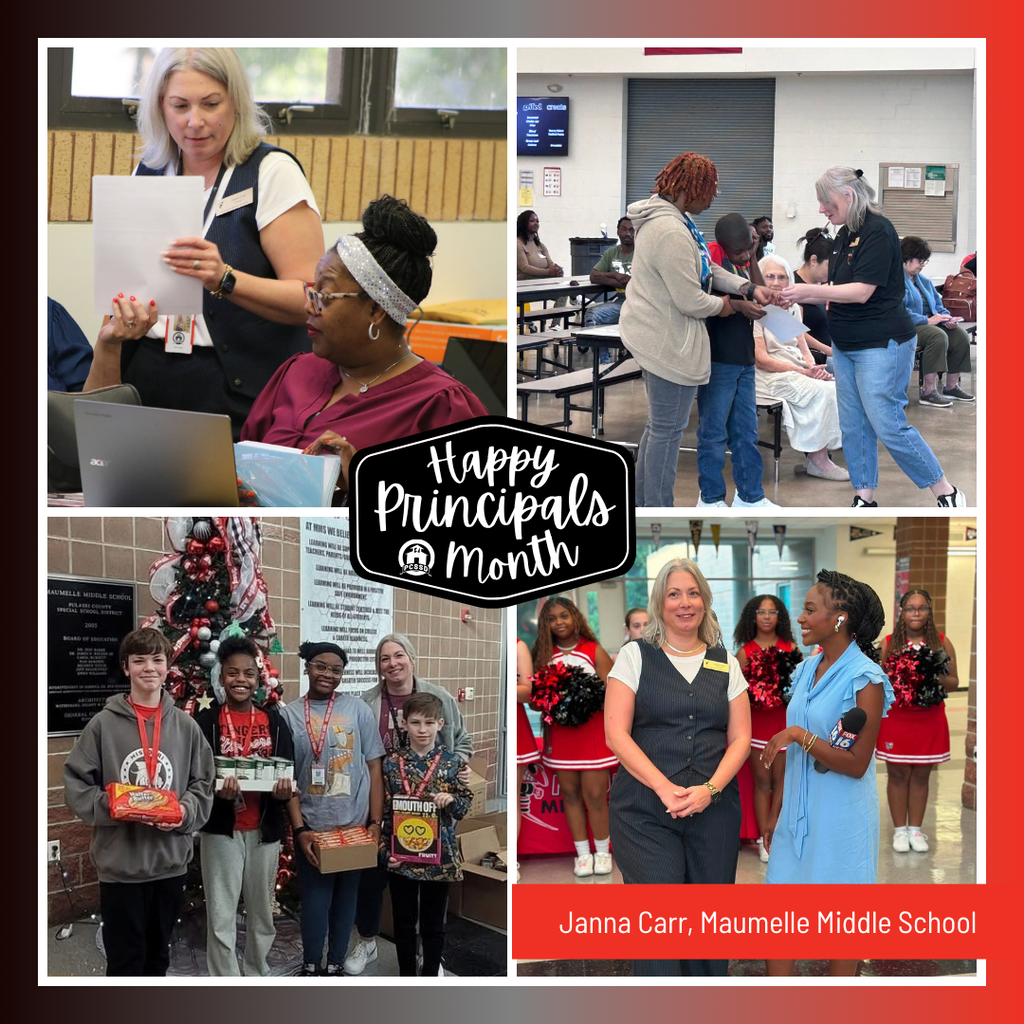 A collage image of Janna Carr, Principal of Maumelle Middle School, that says "Happy Principals Month" with the PCSSD logo.