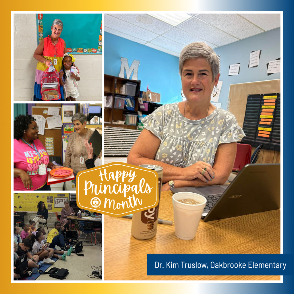 A collage image of Dr. Kim Truslow, Principal of Oakbrooke Elementary, that says "Happy Principals Month" with the PCSSD logo.