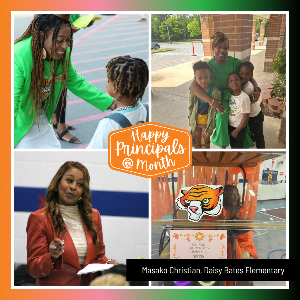 A collage image of Masako Christian, Principal of Daisy Bates Elementary, that says "Happy Principals Month" with the PCSSD logo.