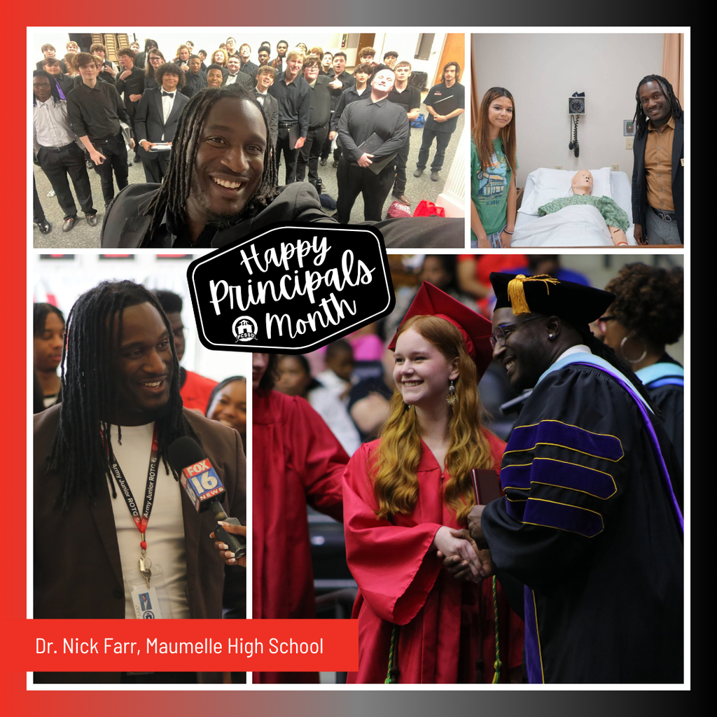 A collage image of Dr. Nick Farr, Principal of Maumelle High School, that says "Happy Principals Month" with the PCSSD logo.