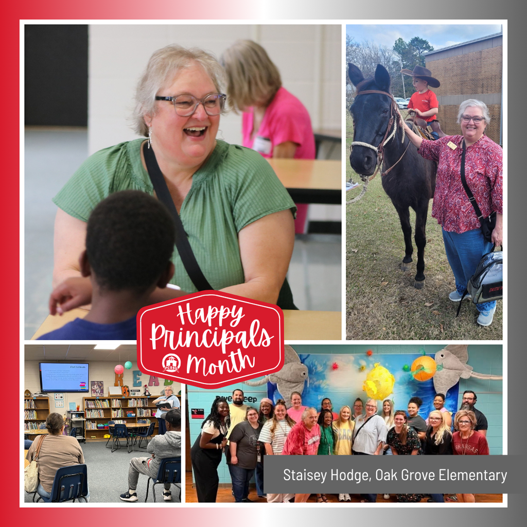 A collage image of Staisey Hodge, Principal of Oak Grove Elementary, that says "Happy Principals Month" with the PCSSD logo.