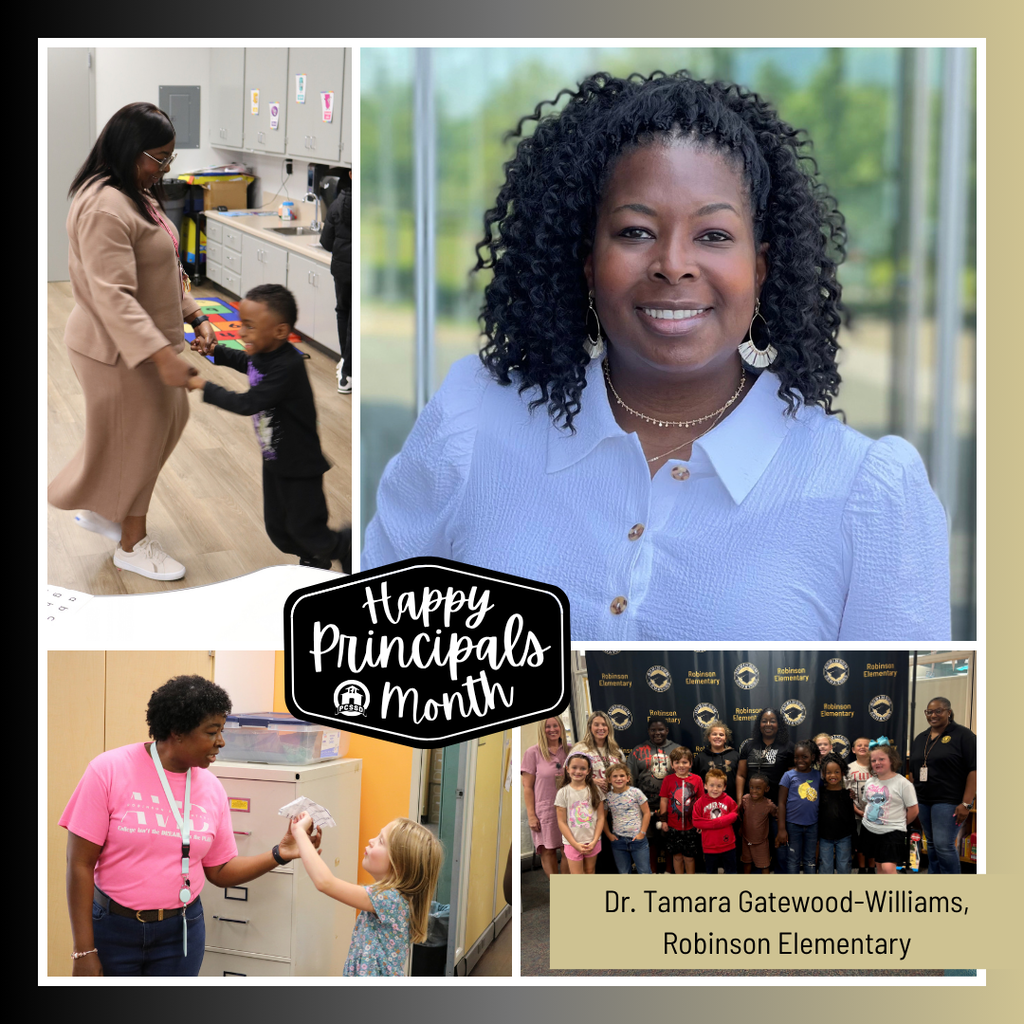 A collage image of Dr. Tamara Gatewood-Williams, Principal of Harris Elementary, that says "Happy Principals Month" with the PCSSD logo.