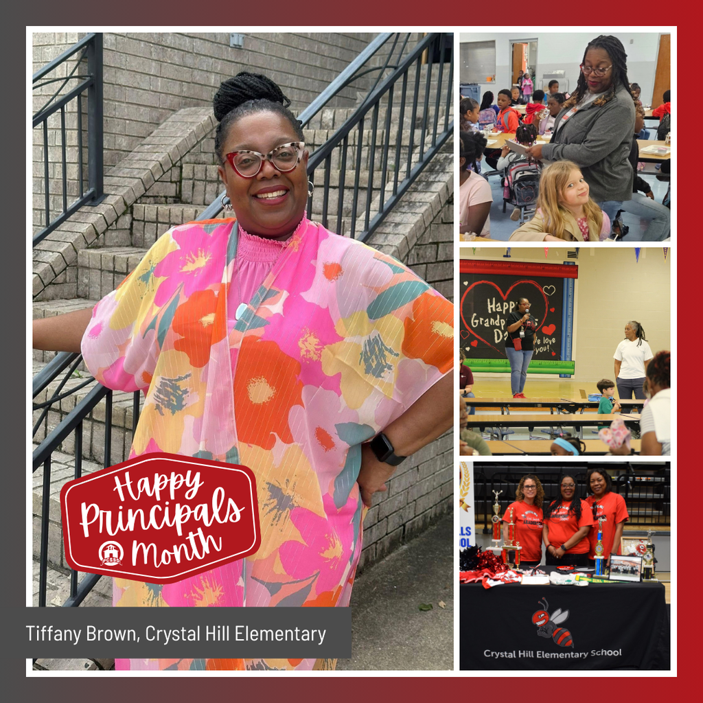 A collage image of Tiffany Brown, Principal of Crystal Hill Elementary, that says "Happy Principals Month" with the PCSSD logo.