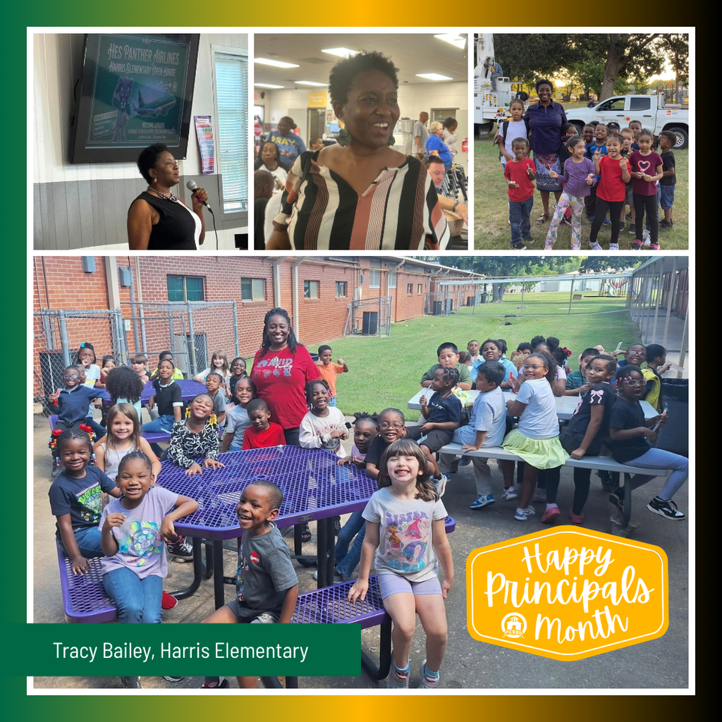A collage image of Tracy Bailey, Principal of Harris Elementary, that says "Happy Principals Month" with the PCSSD logo.