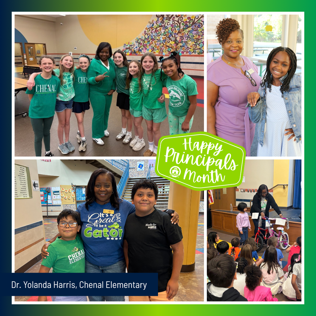 A collage image of Dr. Yolanda Harris, Principal of Chenal Elementary, that says "Happy Principals Month" with the PCSSD logo.