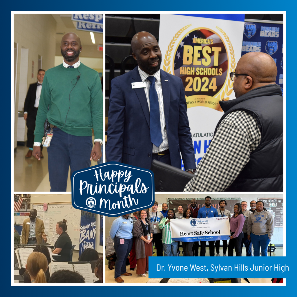 A collage image of Dr. Yvone West, Principal of Sylvan Hills Junior High School, that says "Happy Principals Month" with the PCSSD logo.
