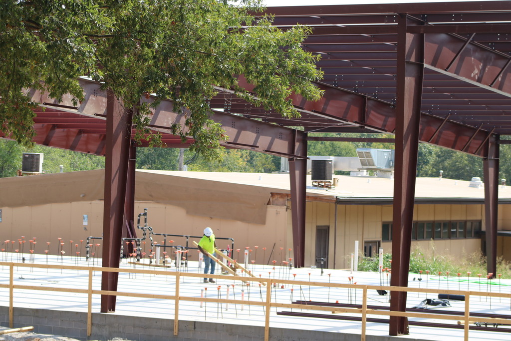 A wide shot of College Station Elementary construction showing a metal frame