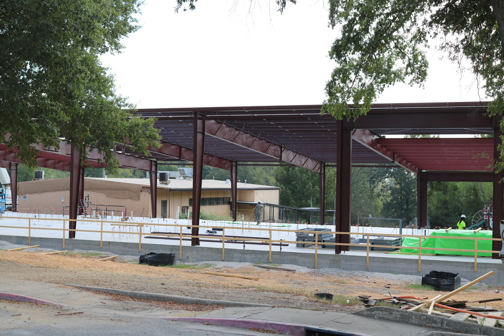 A wide shot of College Station Elementary construction showing a metal frame
