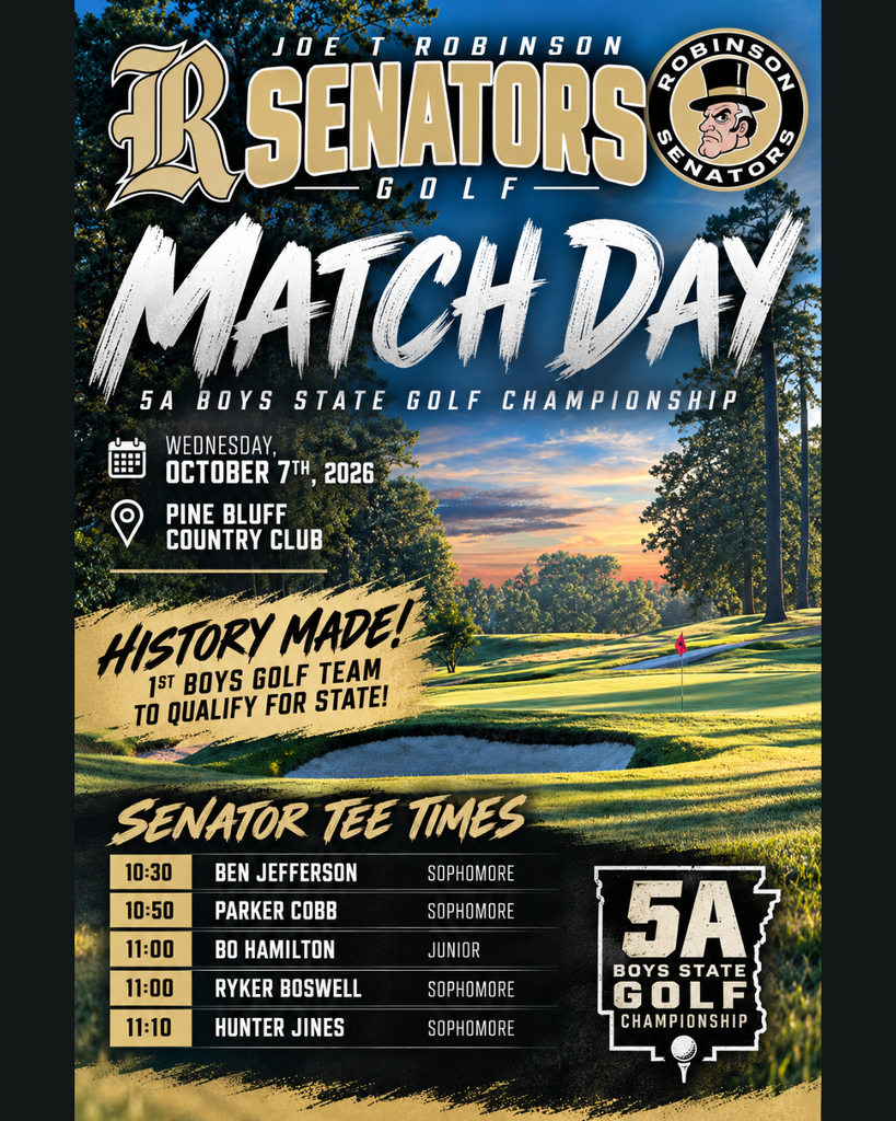 Senators Tee Times for 5A Boys State Golf Championship in Pine Bluff, Arkansas.